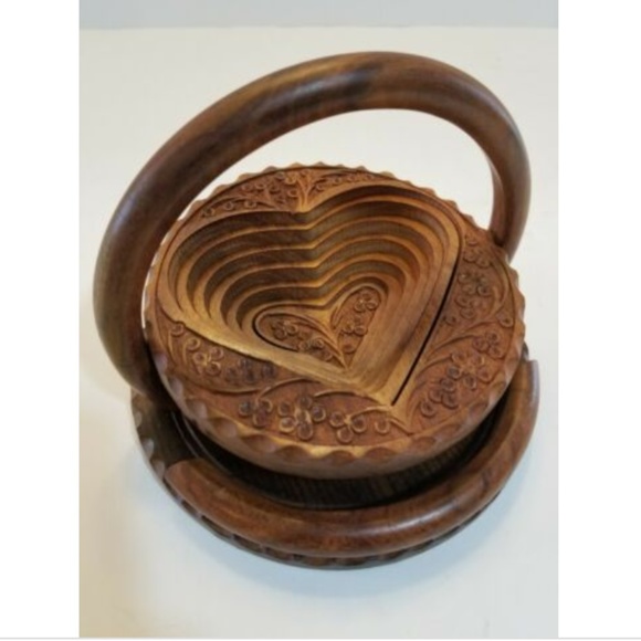 TRIVET To BASKET Heart Shape Hand Carved Wood - Picture 2 of 8
